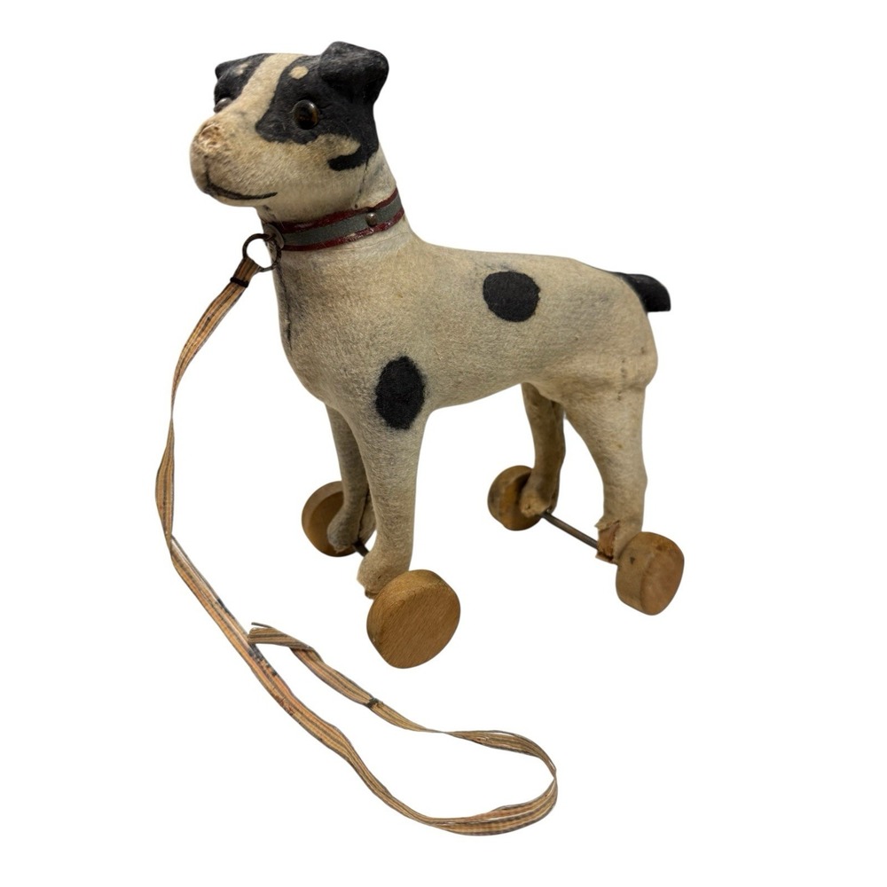 Antique Steiff 9.5" Dog On‎ Wheels Felt Over Carved Wood Glass Eyes Early 1900's